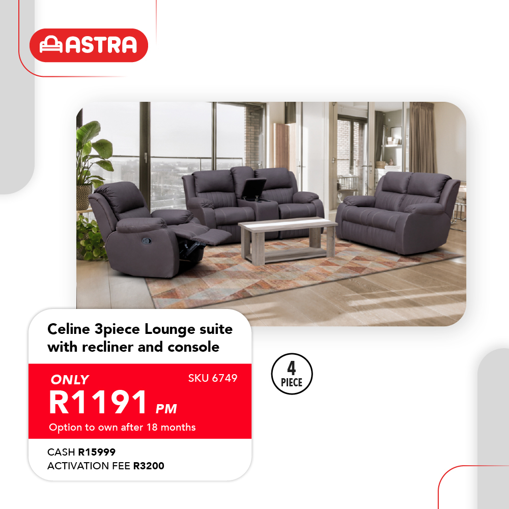 Celine 3piece Lounge suite with recliner and console